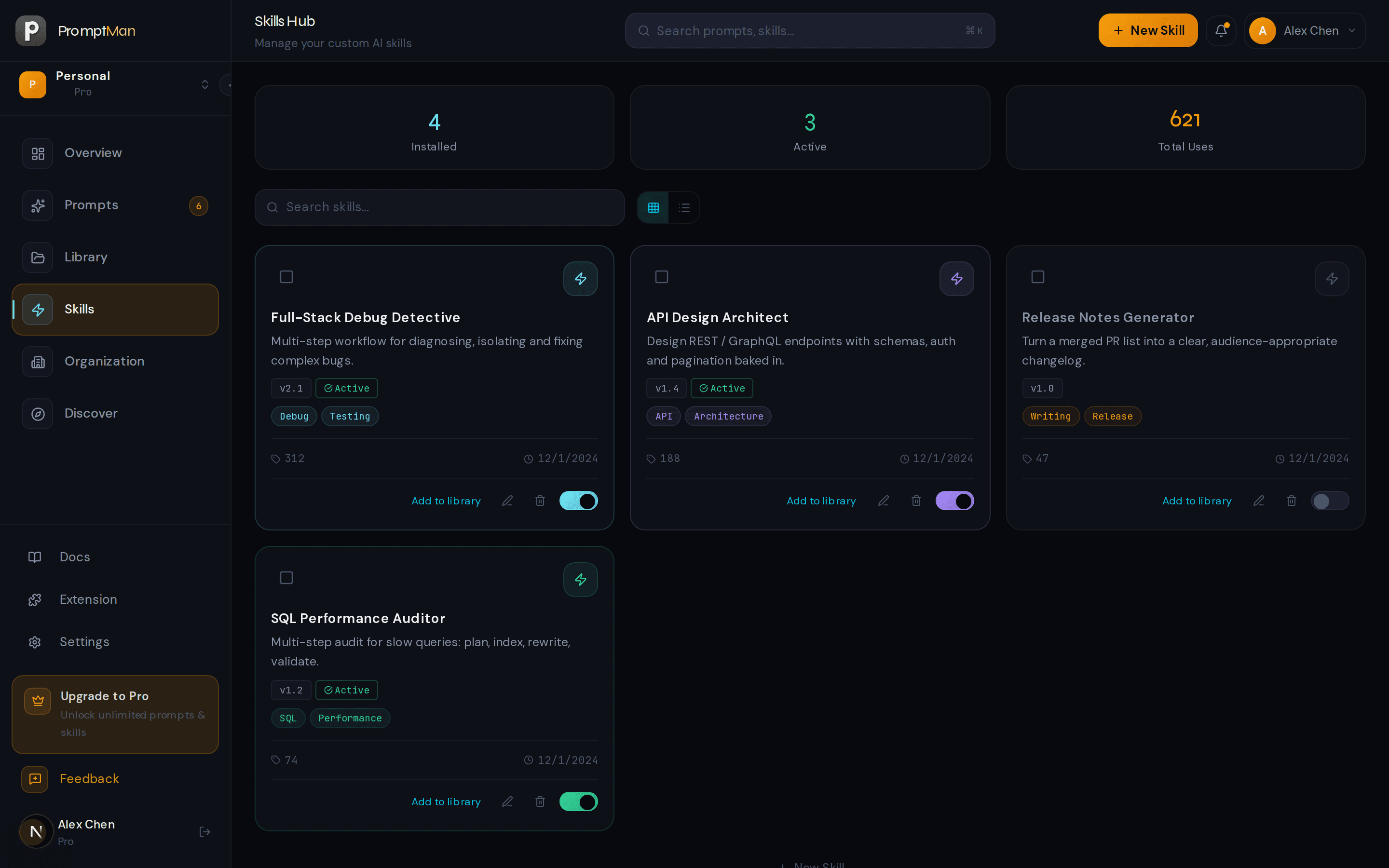 PromptMan Skills hub: Code Review, debug, and release-note skills ready to install into Cursor / Claude
